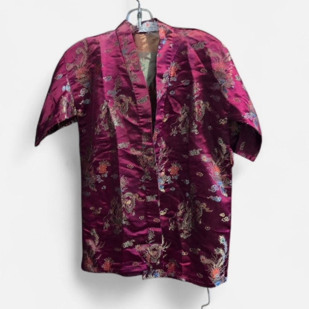 Vintage Chinese Silk Satin Robe Women’s Size 8 Red Floral Dragon Asian Open Fron